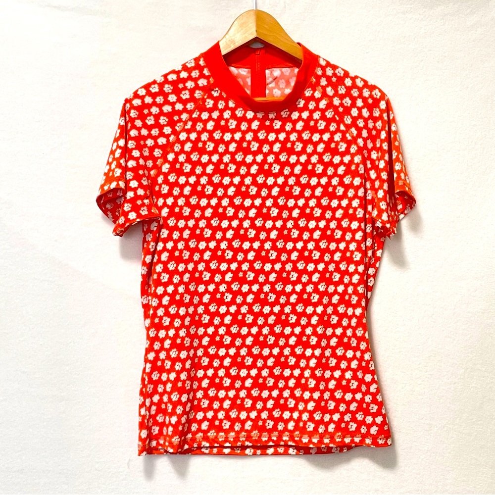 J. Crew Red Floral Short-Sleeve Swim Top